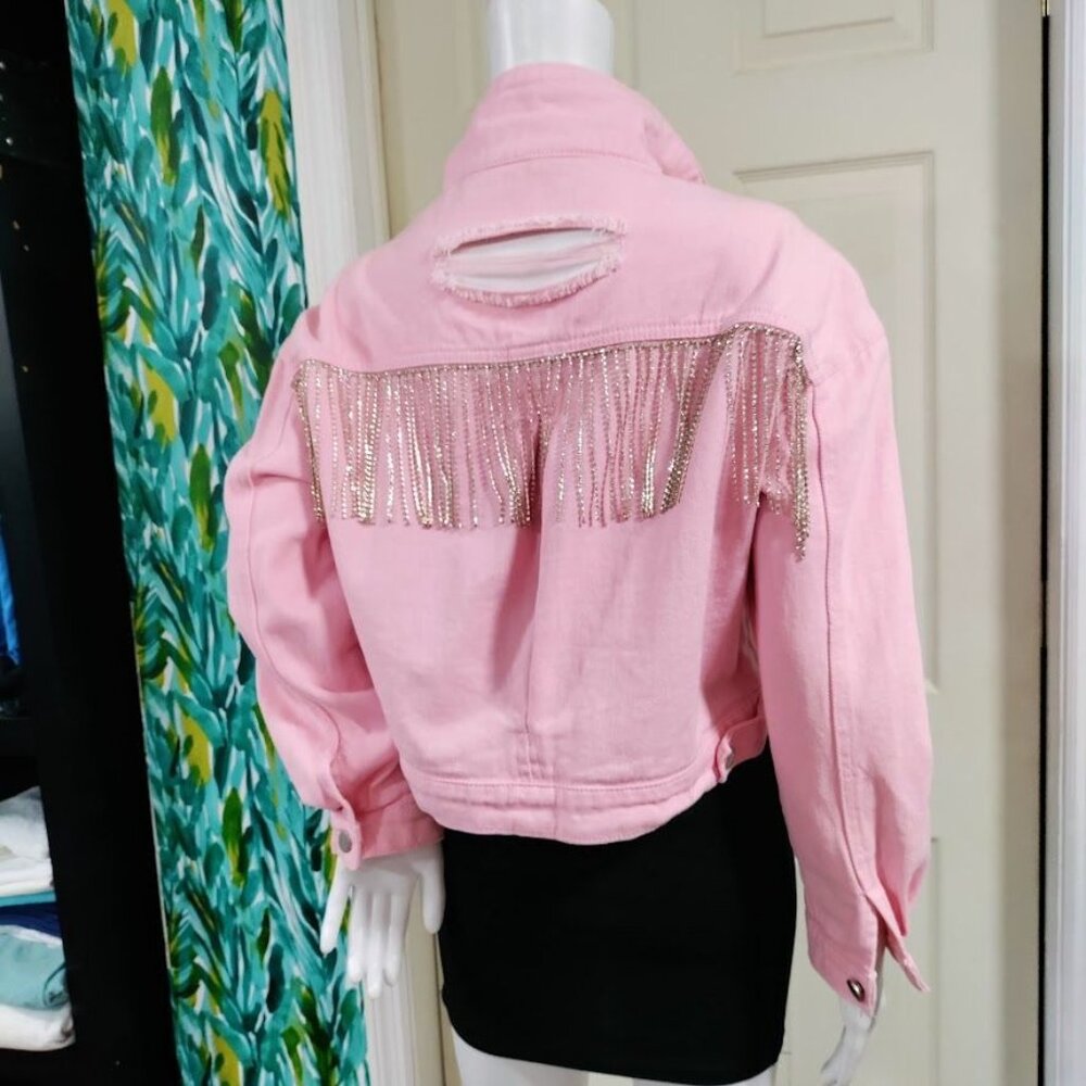 Veveret Cowboy Carter Prairie Coachella Crop Distressed Fringe Jacket Pink Small - Picture 9 of 13